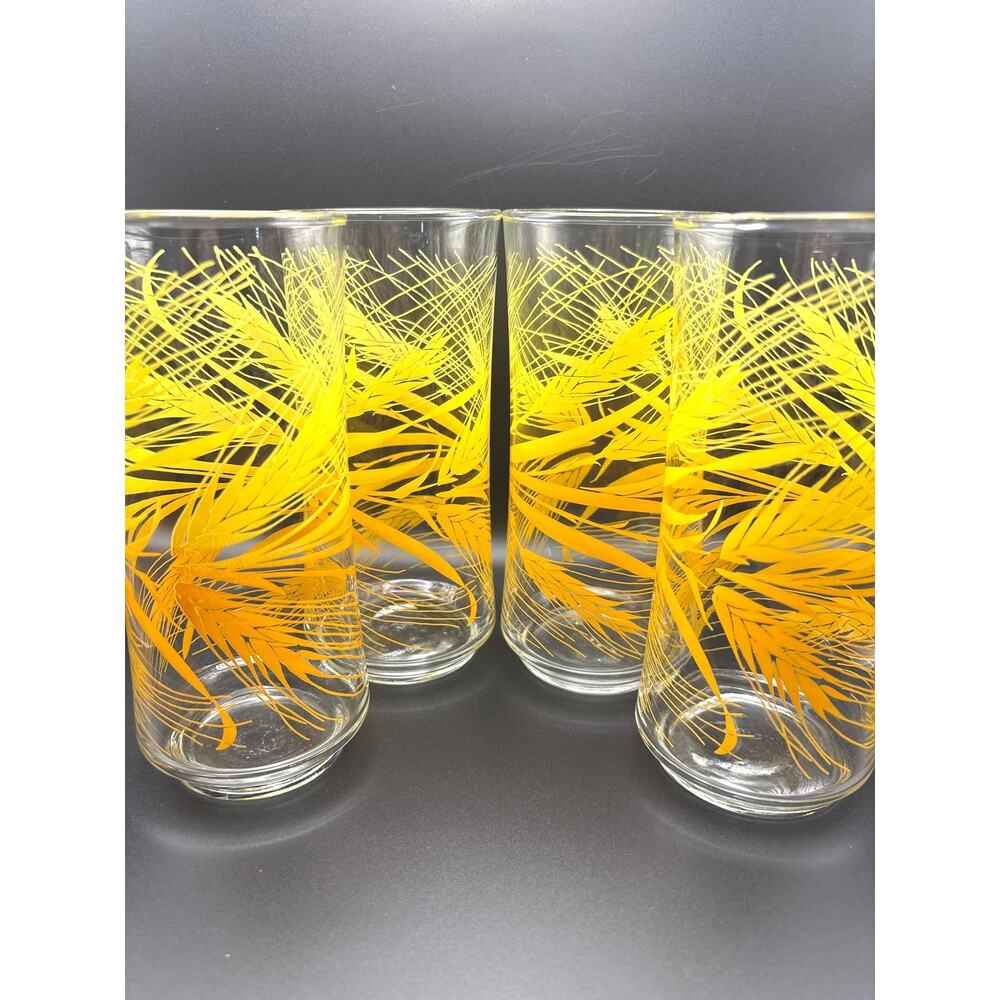 Vintage Libbey Golden Wheat Yellow Tall Glass Tumblers MCM 1970s Set Of (4)
